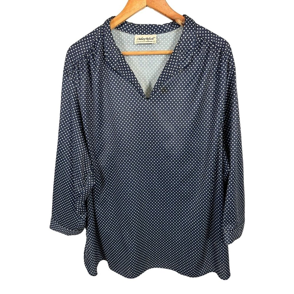 Vintage Anthony Richards 3X Womens Top MuuMuu Blouse Polka Dot Blue White‎